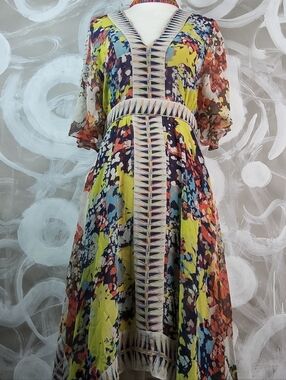 BCBG MAXAZARIA Wmns XS Silk Multicolor Geometric Splash Designer Dress Roselle